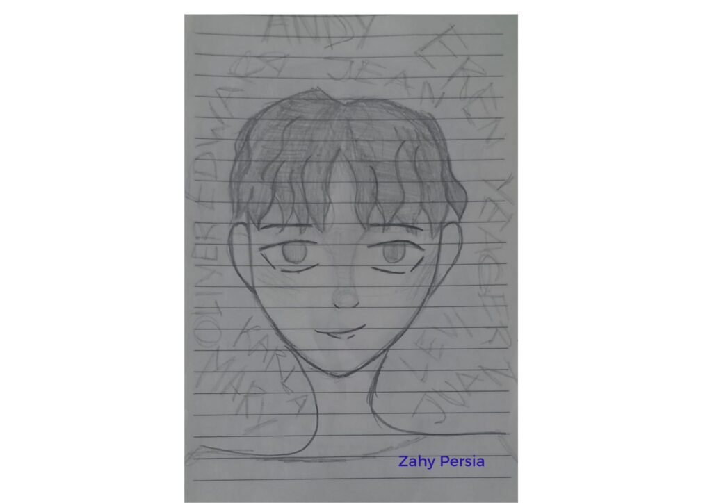 Dibujo manga a grafito de rostro de varón adolescente titulado Ojos Ingenuos por la artista Zahira Persia de Mendoza Argentina