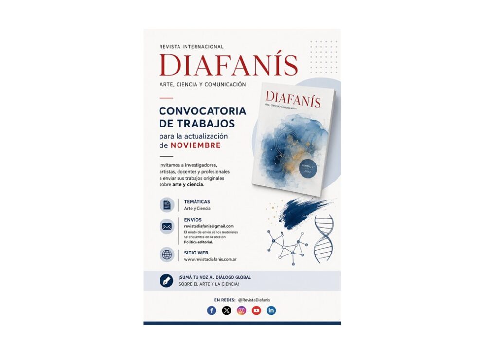 Flyer de estilo contemporáneo con los detalles de la convocatoria internacional de Revista Diafanís para su edición de noviembre.