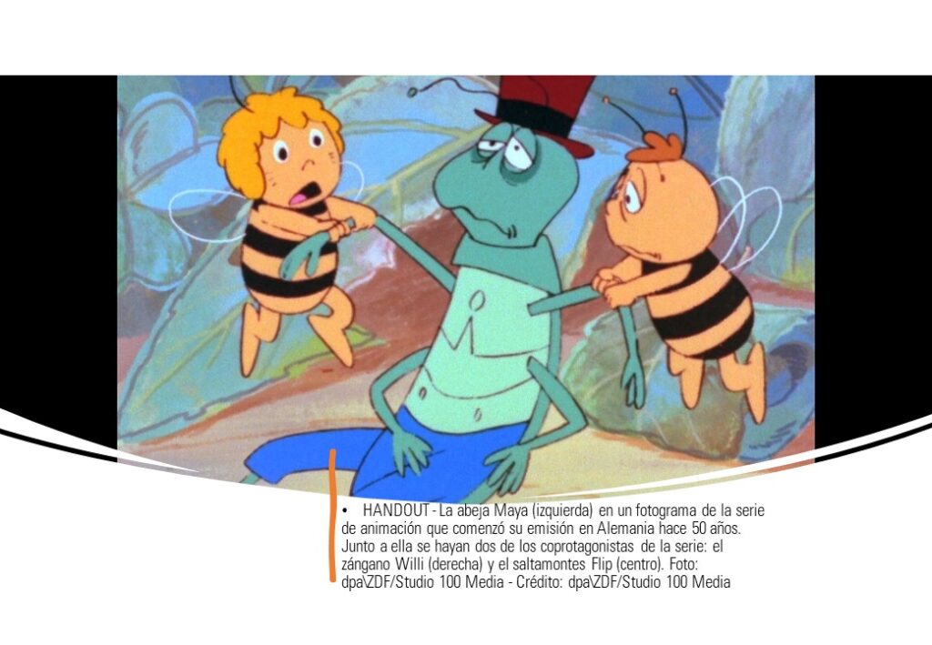 - La abeja Maya (izquierda) en un fotograma de la serie de animación que comenzó su emisión en Alemania hace 50 años. Junto a ella se hayan dos de los coprotagonistas de la serie: el zángano Willi (derecha) y el saltamontes Flip (centro).