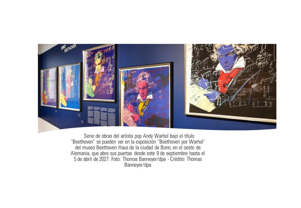 Serie de obras del artista pop Andy Warhol bajo el título "Beethoven" se pueden ver en la exposición "Beethoven por Warhol" del museo Beethoven Haus de la ciudad de Bonn, en el oeste de Alemania, que abre sus puertas desde este 9 de septiembre hasta el 5 de abril de 2027. Foto: Thomas Banneyer/dpa - Crédito: Thomas Banneyer/dpa