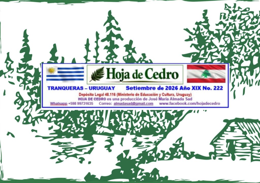 paisaje con cedros y el logotipo de la revista Hoja de Cedro de Uruguay