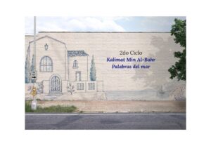 Imagen que representa al microprograma "Kalimat Min Al-Bahr - Palabras del mar" con una casa mediterránea como pintada en acuarela sobre una pared de una calle